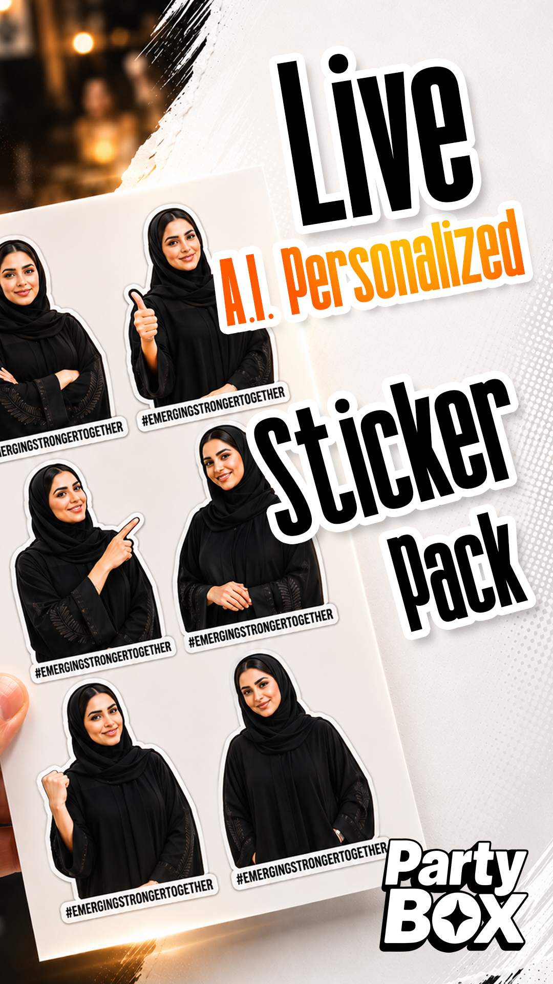PartyBox AI personalised sticker pack showing multiple peel-off sticker designs