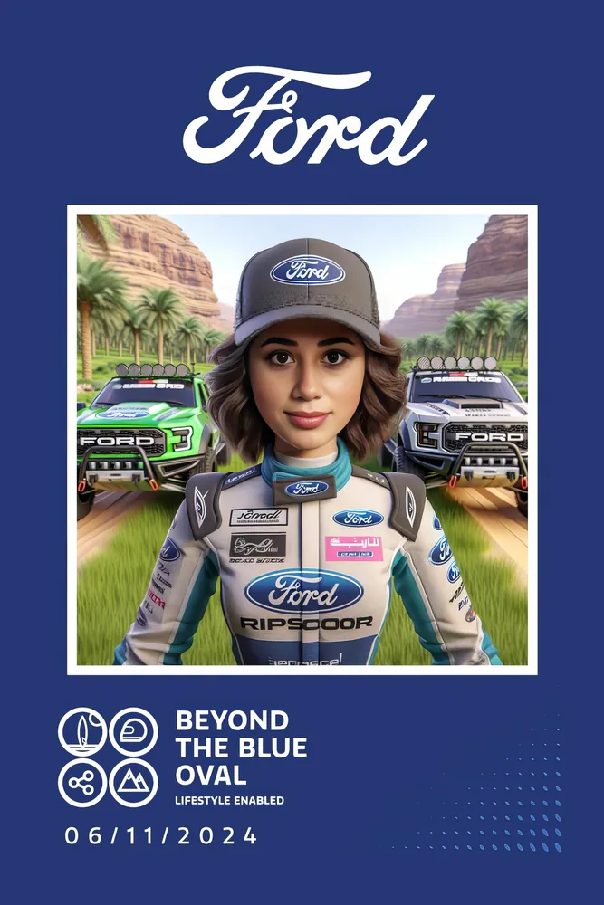 A Ford-branded AI avatar portrait with off-road vehicles.