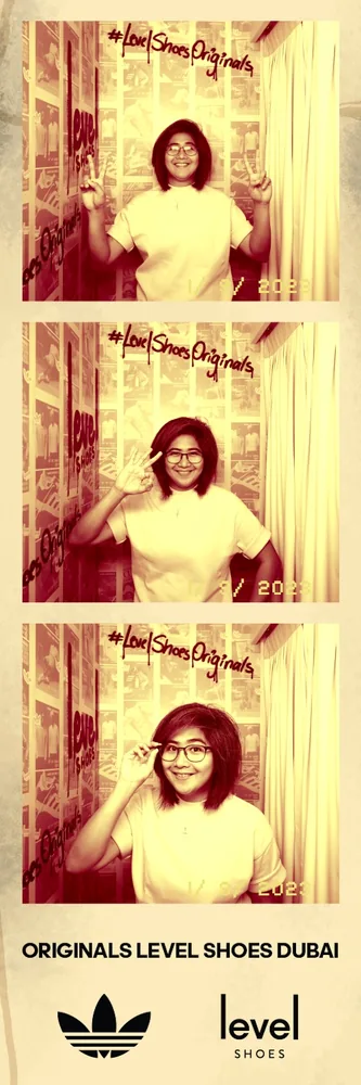 Three guest poses on an adidas and Level Shoes branded photo strip.