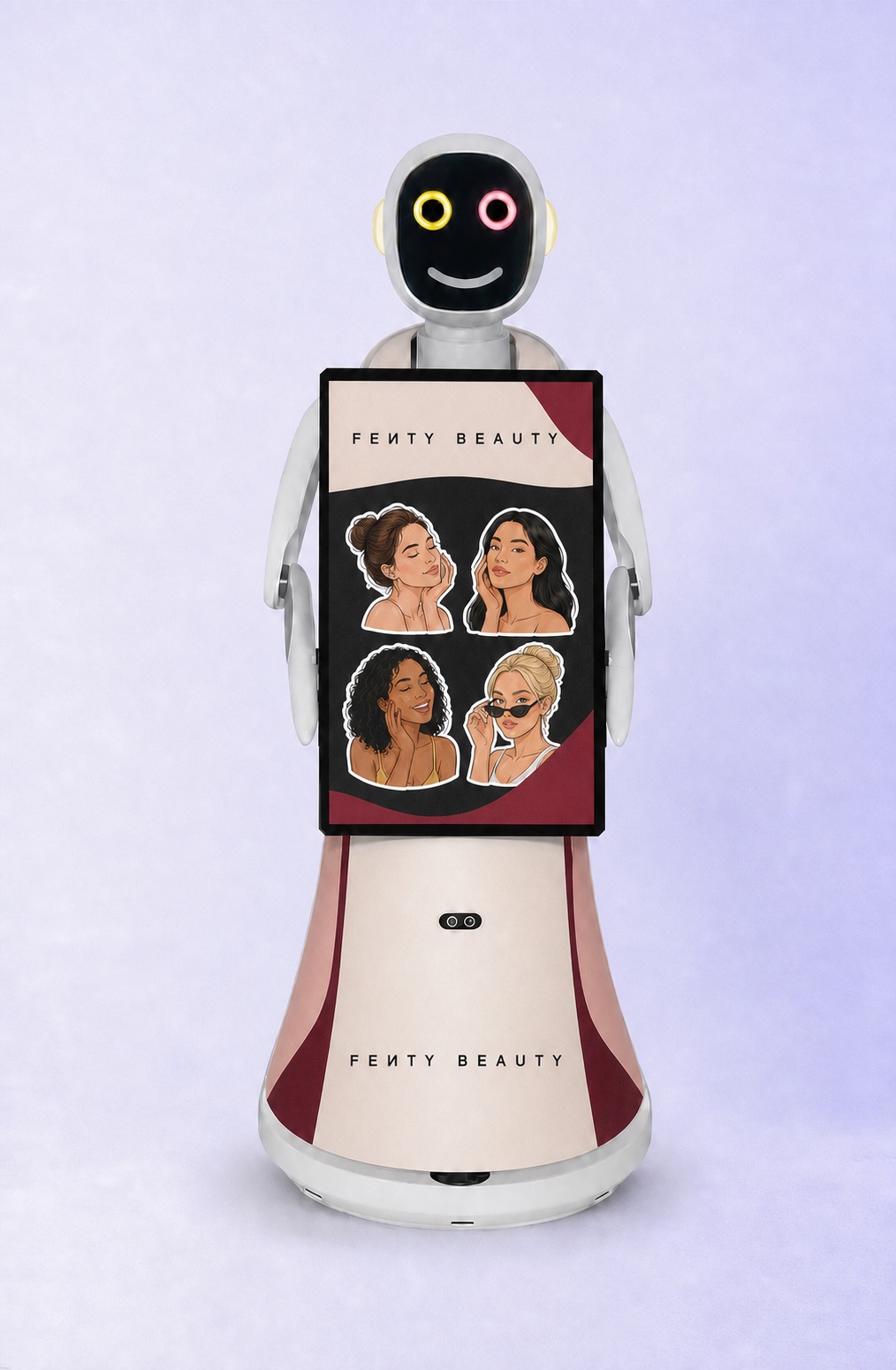 Fenty Beauty branding concept applied across the PartyBox Amy Robot screen and body with personalised sticker artwork