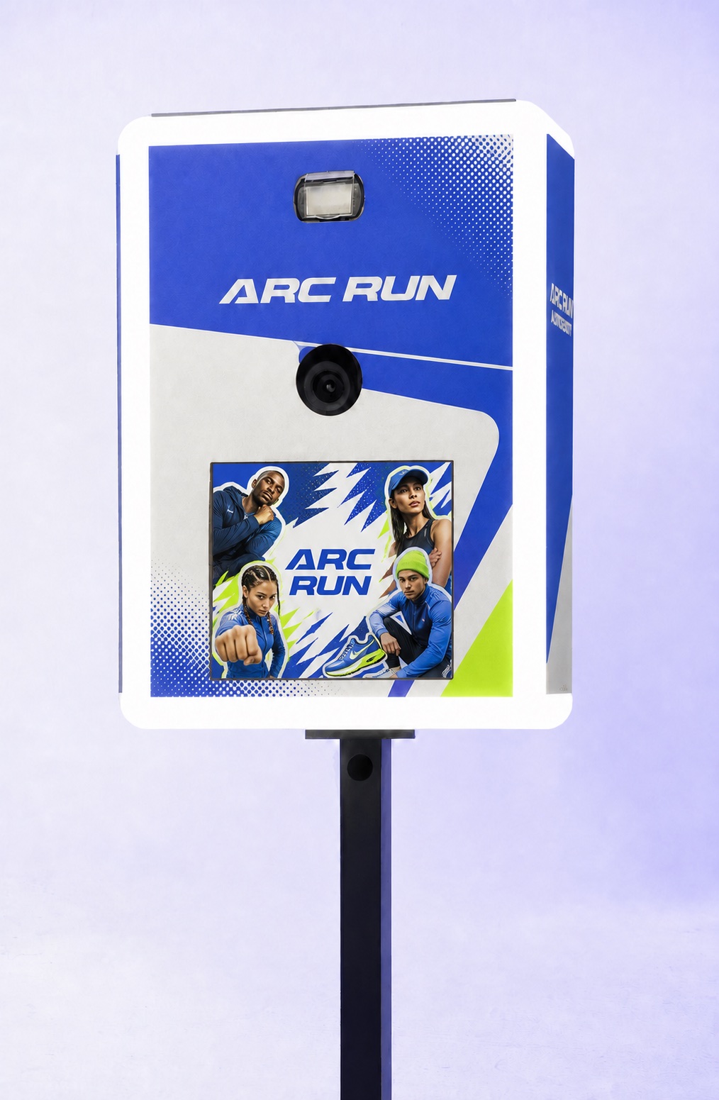 PartyBox Mini Photo Booth fully branded for a fictional sportswear campaign with sticker artwork on screen