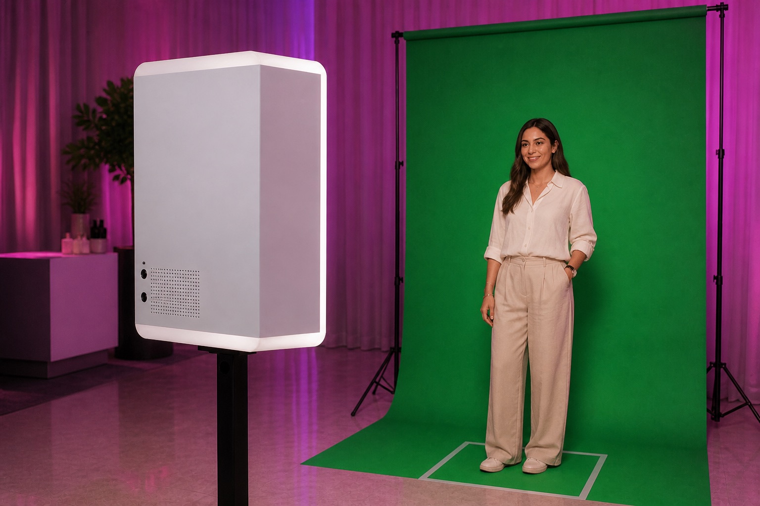 PartyBox Mini Photo Booth facing a guest in a physical green-screen area