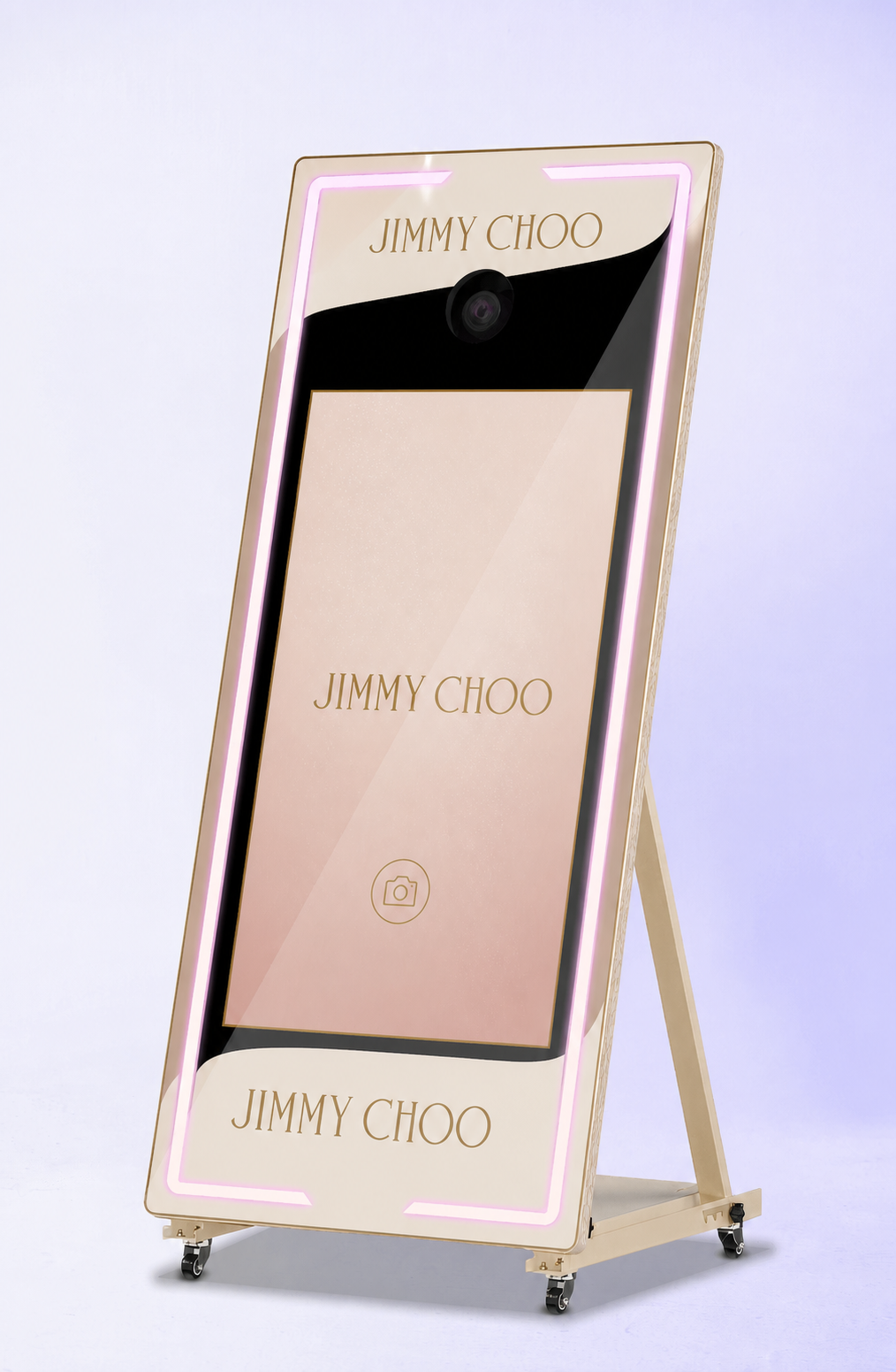 Jimmy Choo branding concept applied across the full PartyBox Mirror Photo Booth