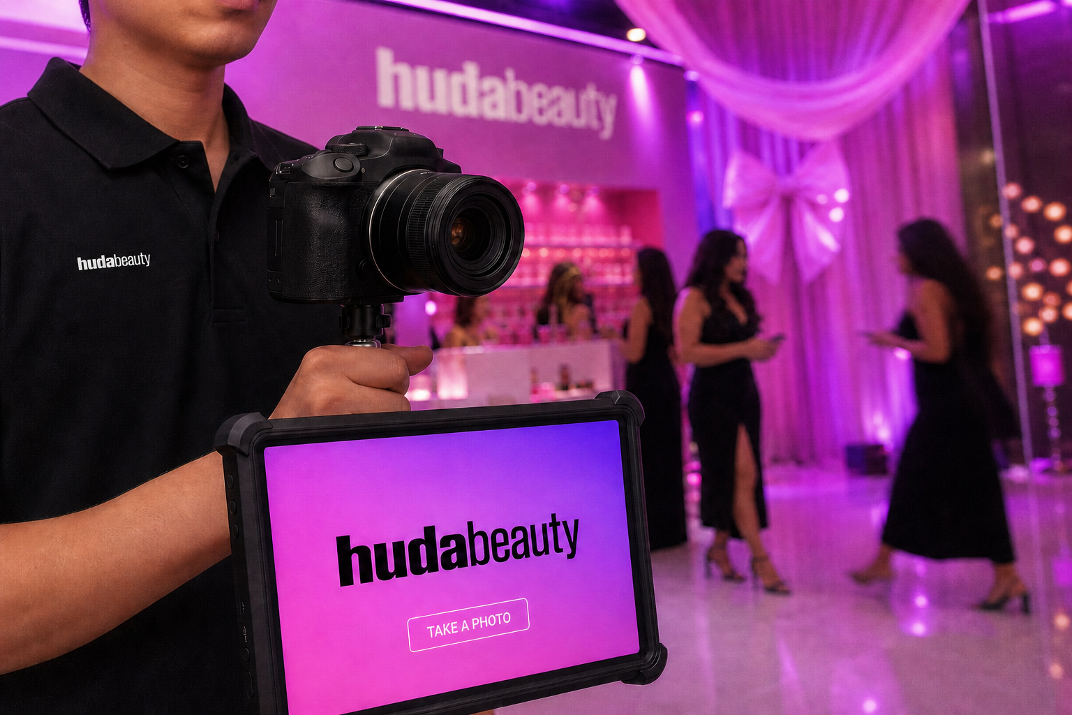 Huda Beauty-branded PartyBox Roaming Photo Booth in use