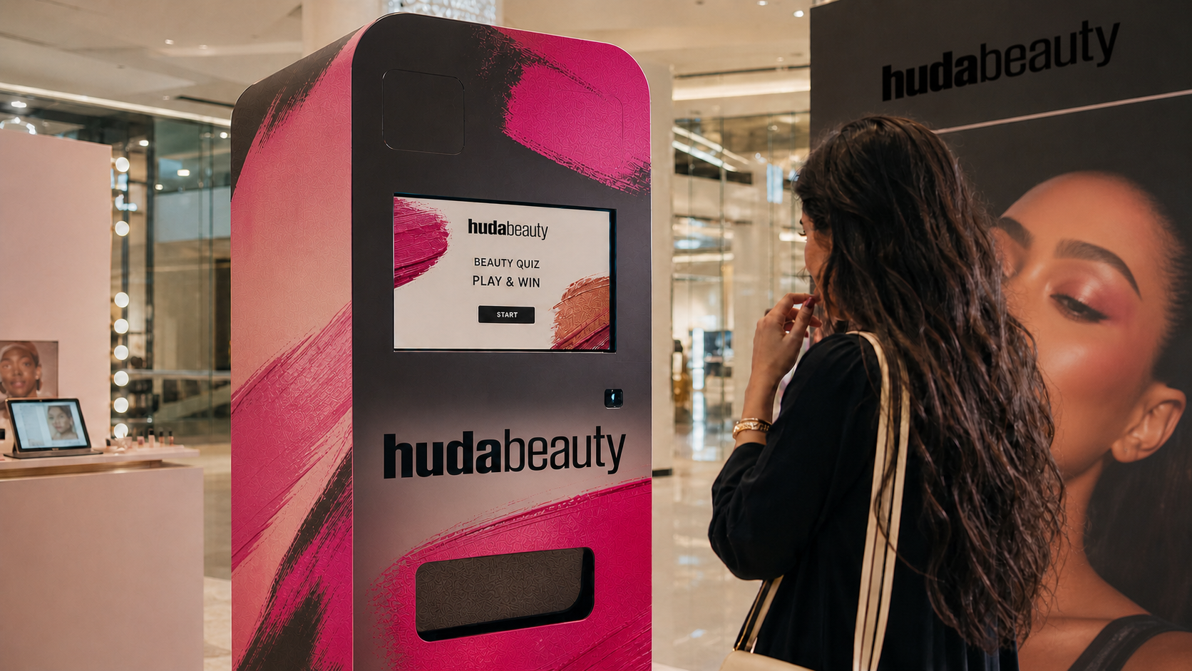 Huda Beauty branding concept applied to the PartyBox interactive vending machine